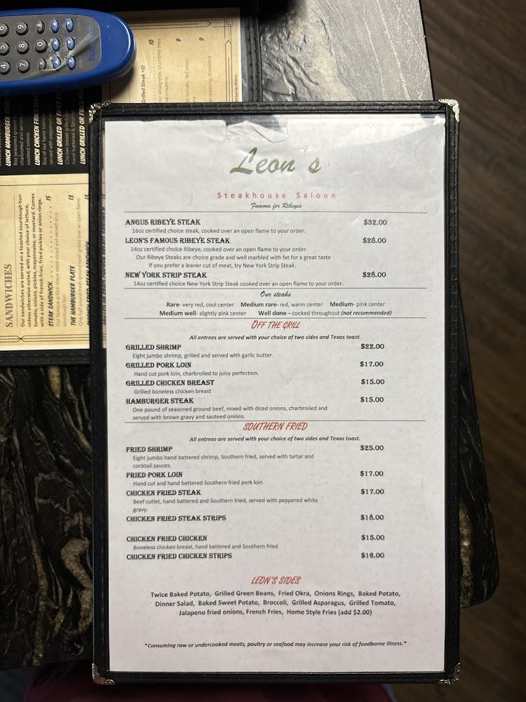 Leon's Steakhouse Saloon Menu image 1
